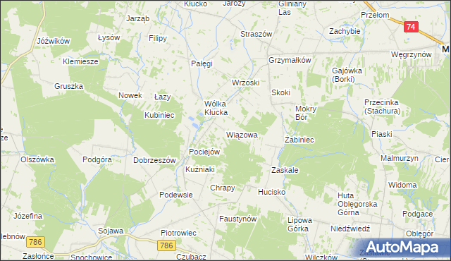 mapa Wiązowa gmina Mniów, Wiązowa gmina Mniów na mapie Targeo