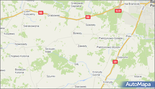 mapa Zawady gmina Bielsk Podlaski, Zawady gmina Bielsk Podlaski na mapie Targeo