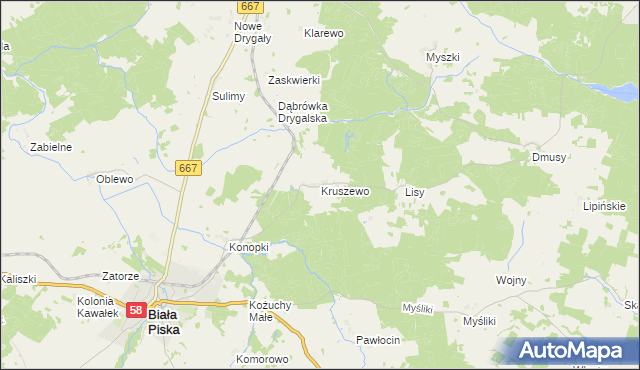mapa Kruszewo gmina Biała Piska, Kruszewo gmina Biała Piska na mapie Targeo
