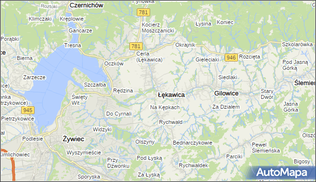 mapa Łękawica powiat żywiecki, Łękawica powiat żywiecki na mapie Targeo