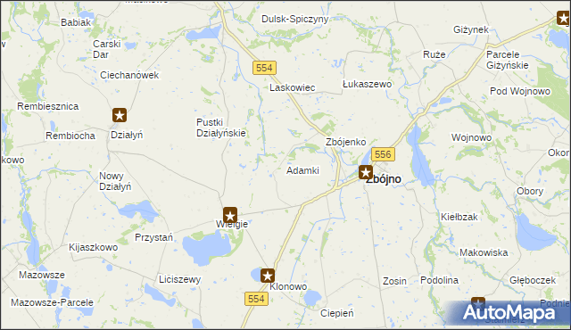 mapa Adamki gmina Zbójno, Adamki gmina Zbójno na mapie Targeo