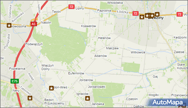 mapa Adamów gmina Brzeziny, Adamów gmina Brzeziny na mapie Targeo