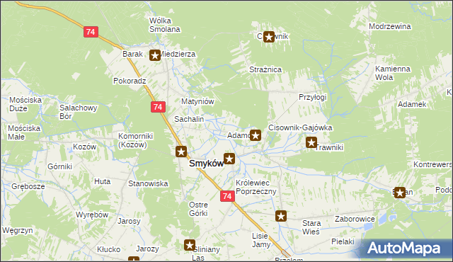 mapa Adamów gmina Smyków, Adamów gmina Smyków na mapie Targeo