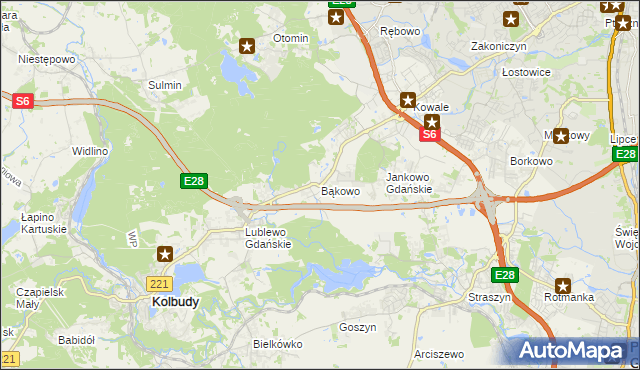 mapa Bąkowo gmina Kolbudy, Bąkowo gmina Kolbudy na mapie Targeo