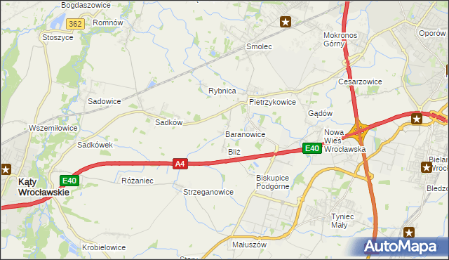 mapa Baranowice gmina Kąty Wrocławskie, Baranowice gmina Kąty Wrocławskie na mapie Targeo