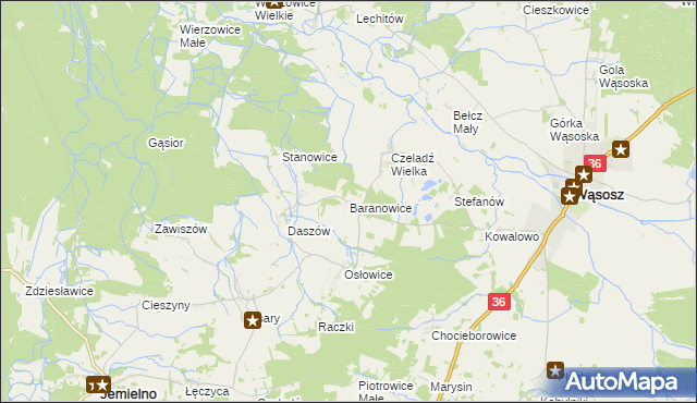 mapa Baranowice gmina Wąsosz, Baranowice gmina Wąsosz na mapie Targeo