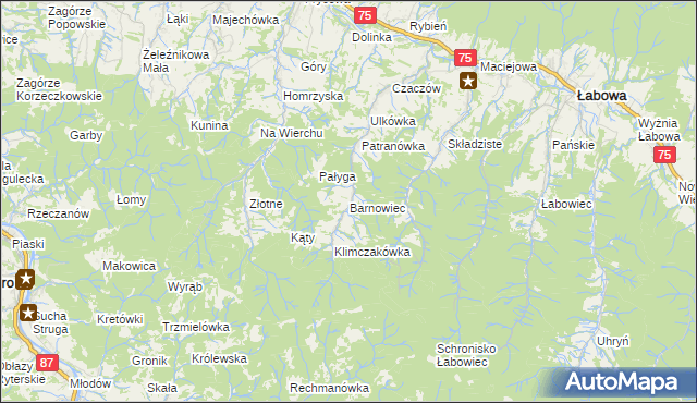mapa Barnowiec gmina Łabowa, Barnowiec gmina Łabowa na mapie Targeo