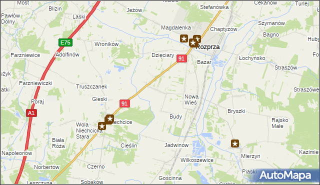 mapa Białocin gmina Rozprza, Białocin gmina Rozprza na mapie Targeo
