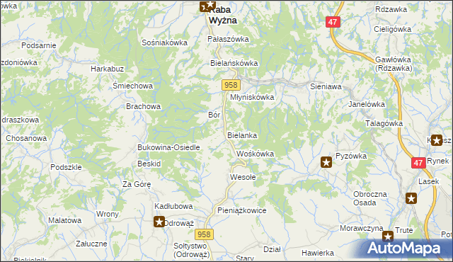 mapa Bielanka gmina Raba Wyżna, Bielanka gmina Raba Wyżna na mapie Targeo