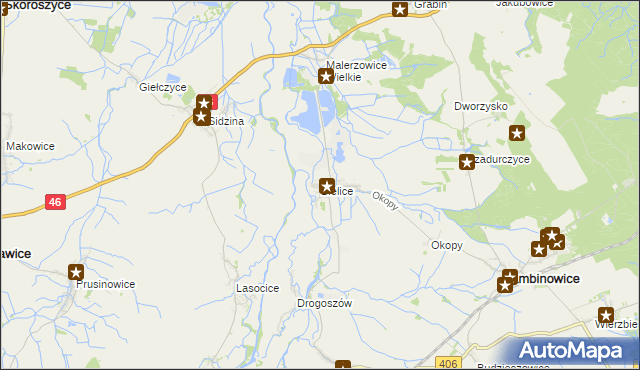 mapa Bielice gmina Łambinowice, Bielice gmina Łambinowice na mapie Targeo