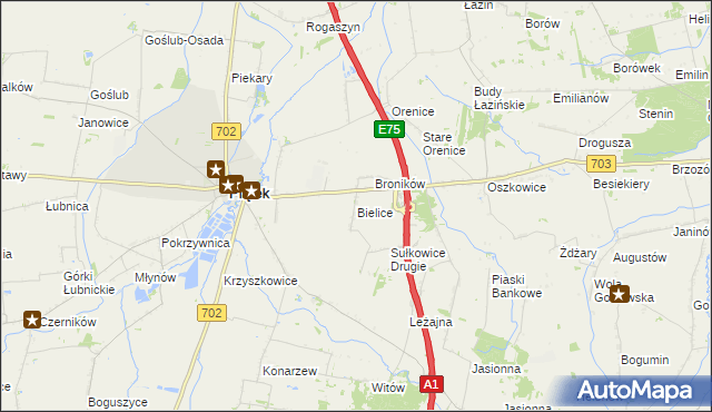 mapa Bielice gmina Piątek, Bielice gmina Piątek na mapie Targeo