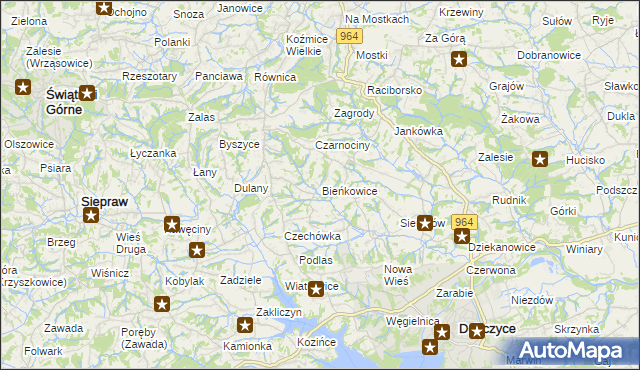 mapa Bieńkowice gmina Dobczyce, Bieńkowice gmina Dobczyce na mapie Targeo