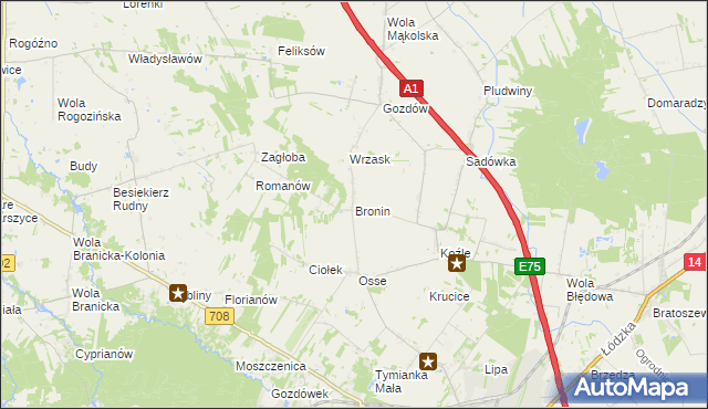 mapa Bronin gmina Stryków, Bronin gmina Stryków na mapie Targeo