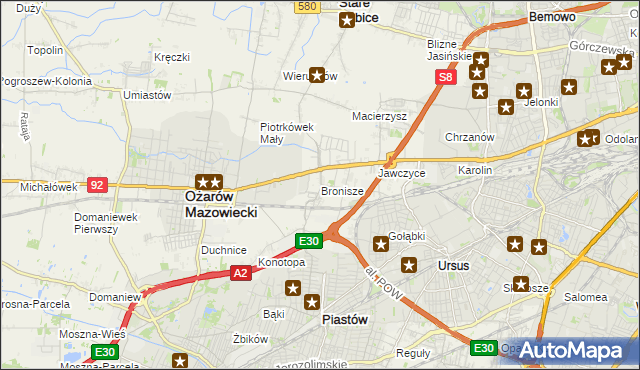 mapa Bronisze gmina Ożarów Mazowiecki, Bronisze gmina Ożarów Mazowiecki na mapie Targeo