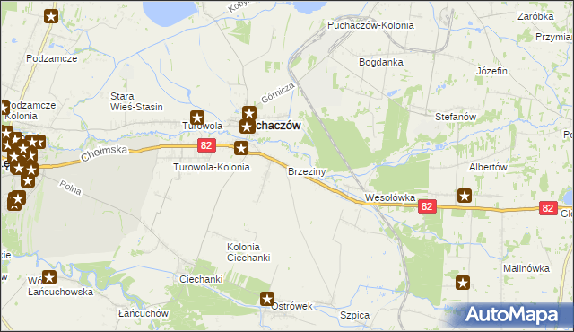 mapa Brzeziny gmina Puchaczów, Brzeziny gmina Puchaczów na mapie Targeo