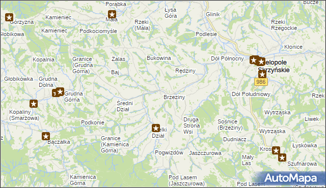 mapa Brzeziny gmina Wielopole Skrzyńskie, Brzeziny gmina Wielopole Skrzyńskie na mapie Targeo