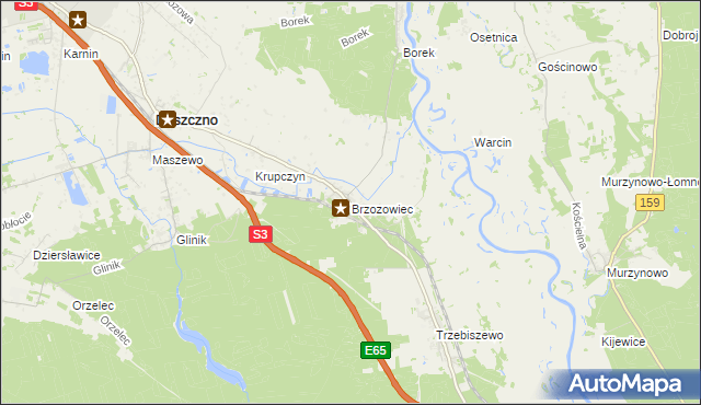 mapa Brzozowiec gmina Deszczno, Brzozowiec gmina Deszczno na mapie Targeo