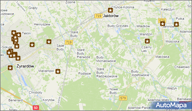 mapa Budy Michałowskie gmina Jaktorów, Budy Michałowskie gmina Jaktorów na mapie Targeo
