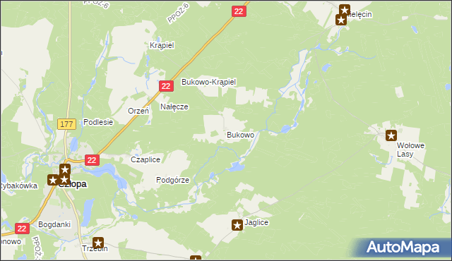 mapa Bukowo gmina Człopa, Bukowo gmina Człopa na mapie Targeo