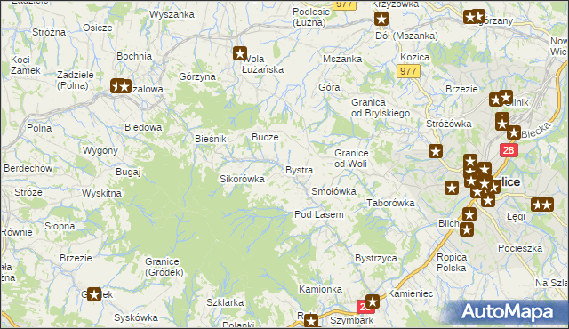 mapa Bystra gmina Gorlice, Bystra gmina Gorlice na mapie Targeo