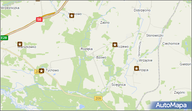 mapa Bzowo gmina Kobylnica, Bzowo gmina Kobylnica na mapie Targeo