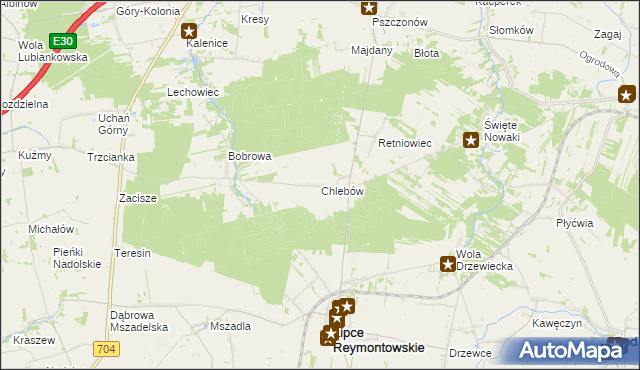 mapa Chlebów gmina Lipce Reymontowskie, Chlebów gmina Lipce Reymontowskie na mapie Targeo