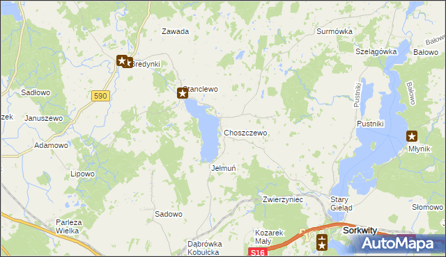 mapa Choszczewo gmina Sorkwity, Choszczewo gmina Sorkwity na mapie Targeo