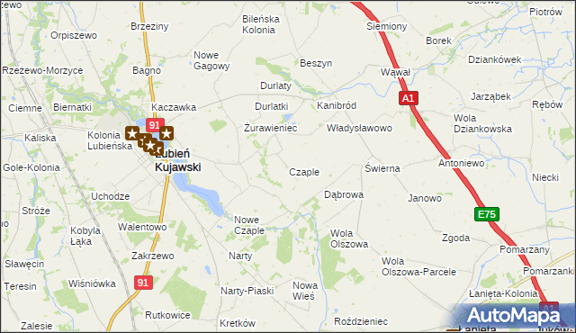 mapa Czaple gmina Lubień Kujawski, Czaple gmina Lubień Kujawski na mapie Targeo