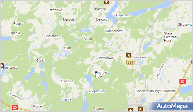 mapa Częstkowo gmina Kościerzyna, Częstkowo gmina Kościerzyna na mapie Targeo