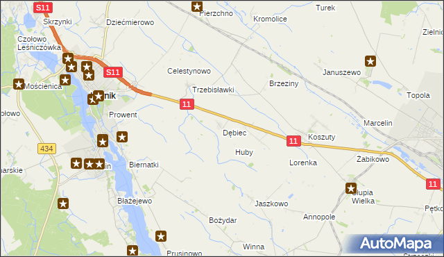mapa Dębiec gmina Kórnik, Dębiec gmina Kórnik na mapie Targeo