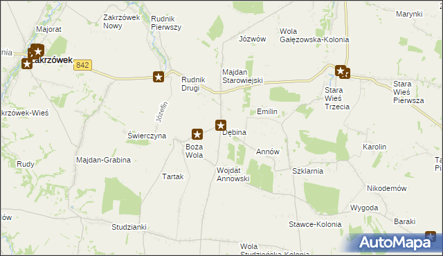 mapa Dębina gmina Zakrzew, Dębina gmina Zakrzew na mapie Targeo