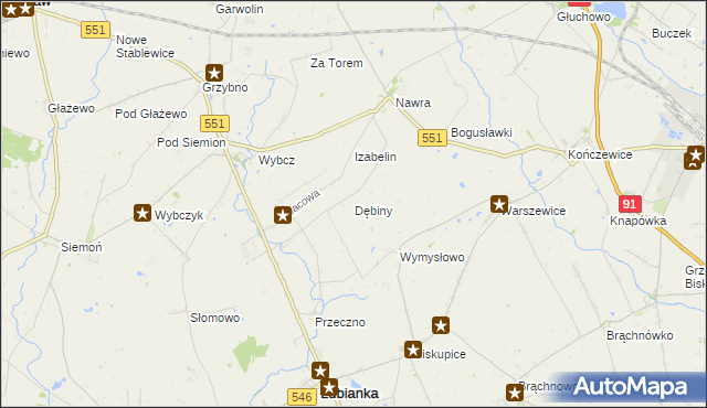 mapa Dębiny gmina Łubianka, Dębiny gmina Łubianka na mapie Targeo