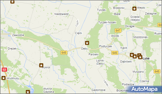 mapa Dęby gmina Łyse, Dęby gmina Łyse na mapie Targeo