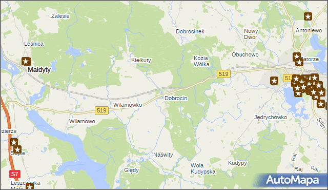 mapa Dobrocin gmina Małdyty, Dobrocin gmina Małdyty na mapie Targeo