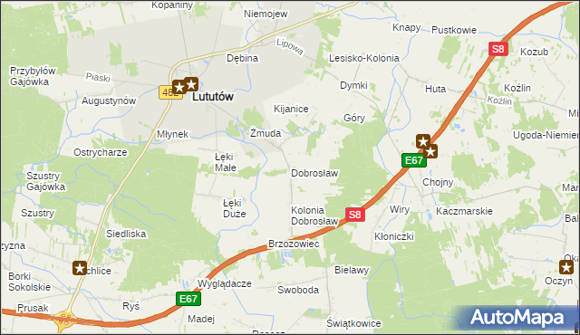 mapa Dobrosław gmina Lututów, Dobrosław gmina Lututów na mapie Targeo