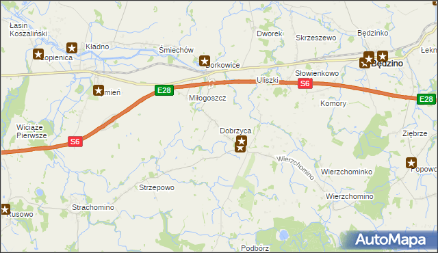 mapa Dobrzyca gmina Będzino, Dobrzyca gmina Będzino na mapie Targeo