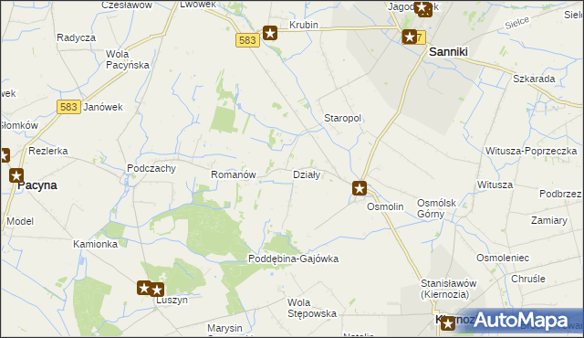 mapa Działy gmina Sanniki, Działy gmina Sanniki na mapie Targeo