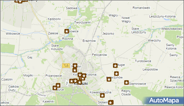 mapa Felicjanów gmina Koluszki, Felicjanów gmina Koluszki na mapie Targeo