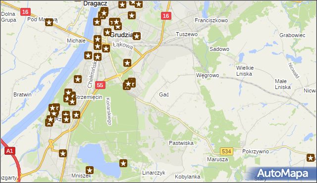 mapa Gać gmina Grudziądz, Gać gmina Grudziądz na mapie Targeo