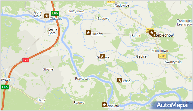 mapa Głęboka gmina Trzebiechów, Głęboka gmina Trzebiechów na mapie Targeo