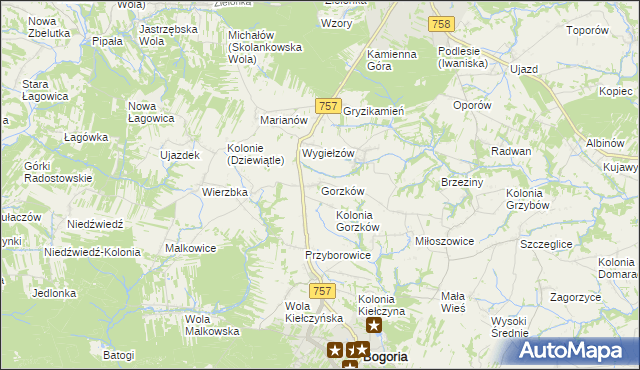 mapa Gorzków gmina Bogoria, Gorzków gmina Bogoria na mapie Targeo