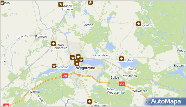 mapa Gościsław gmina Węgorzyno, Gościsław gmina Węgorzyno na mapie Targeo