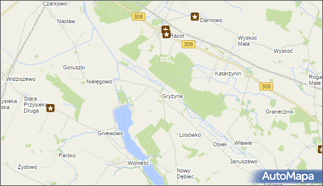 mapa Gryżyna gmina Kościan, Gryżyna gmina Kościan na mapie Targeo