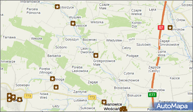 mapa Grzegorzowice Wielkie, Grzegorzowice Wielkie na mapie Targeo