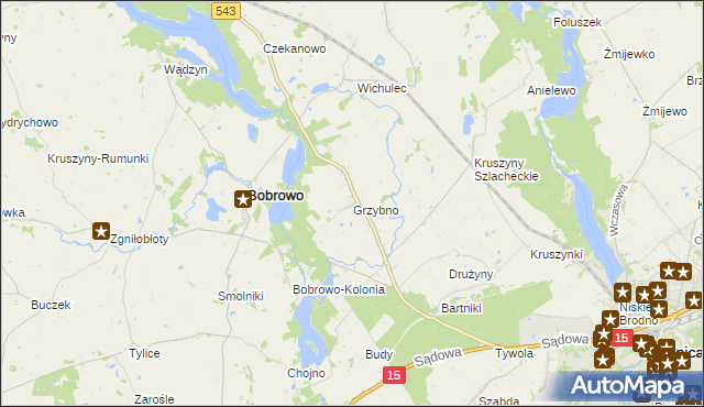 mapa Grzybno gmina Bobrowo, Grzybno gmina Bobrowo na mapie Targeo