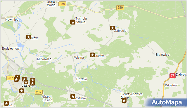 mapa Guzów gmina Jasień, Guzów gmina Jasień na mapie Targeo