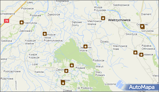 mapa Jadowniki Mokre gmina Wietrzychowice, Jadowniki Mokre gmina Wietrzychowice na mapie Targeo