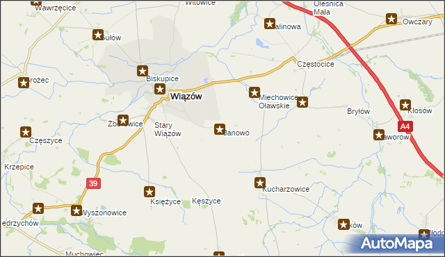 mapa Janowo gmina Wiązów, Janowo gmina Wiązów na mapie Targeo