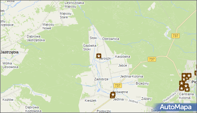 mapa Jaroszki gmina Pionki, Jaroszki gmina Pionki na mapie Targeo