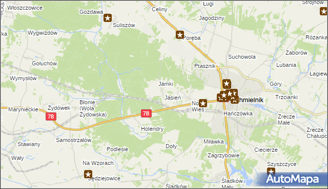 mapa Jasień gmina Chmielnik, Jasień gmina Chmielnik na mapie Targeo